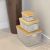 Conjunto 3 Cestos Organizadores Grid Bege com Tampa de Bambu - Ela Decora